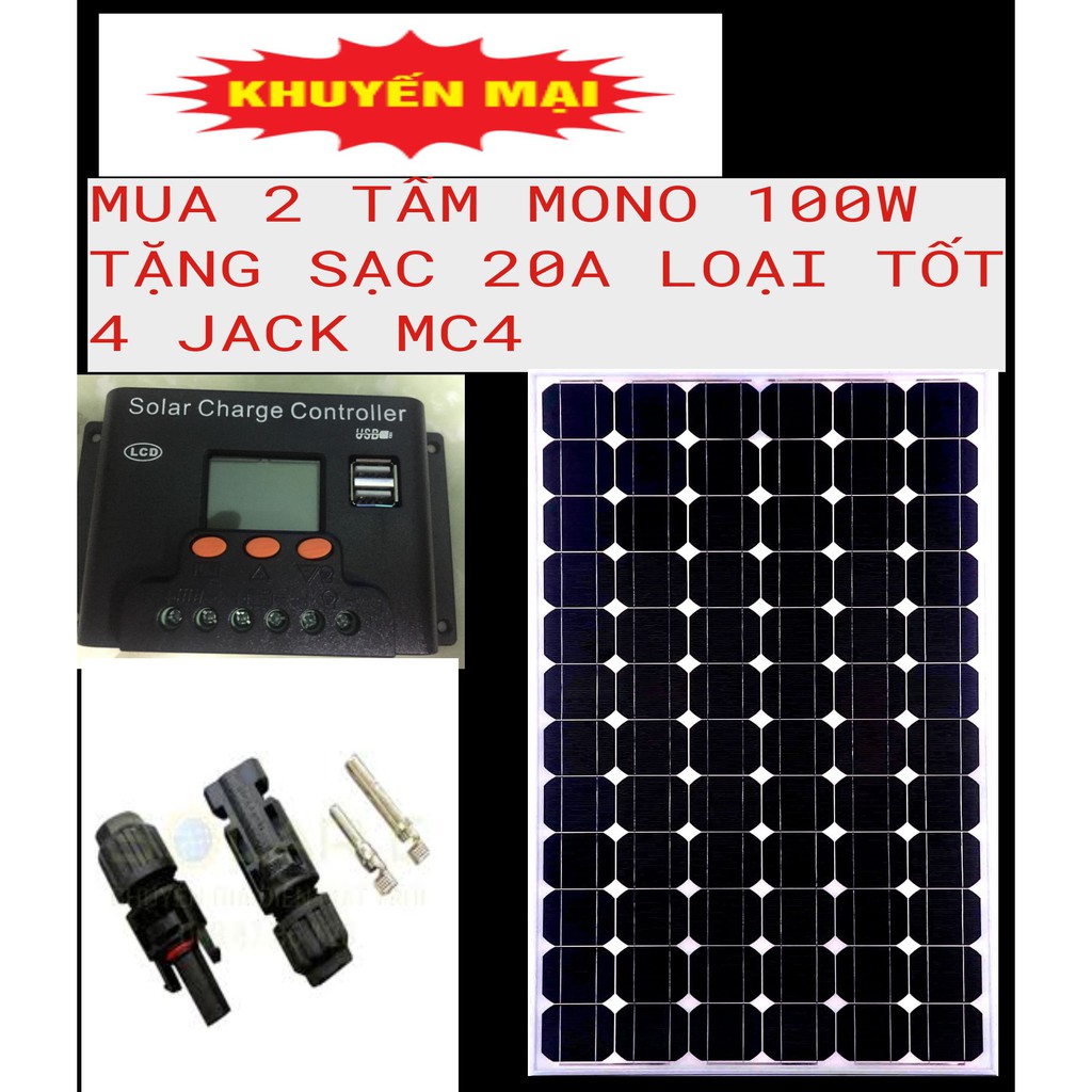 2 tấm pin năng lượng mặt trời MONO 100w tặng sạc bình ắc quy + 4 đầu gim điện: JACK MC4