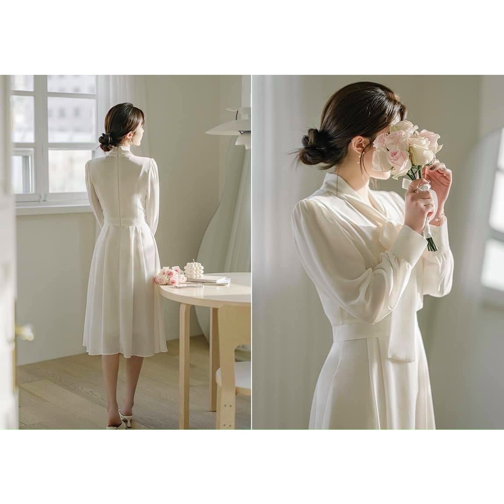 Đầm váy freesize trắng nơ cổ tay dài