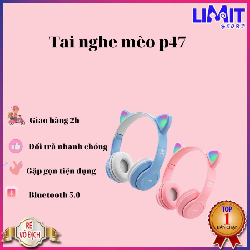 Tai Nghe Mèo Bluetooth, Headphone Tai Mèo Dễ Thương Có Mic,Âm Bass Mạnh Mẽ Và Dung Lượng Pin Khủng 400mAh
