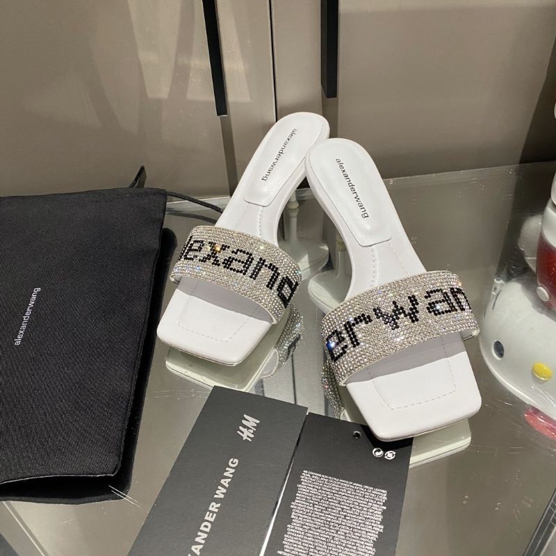 Guốc thời trang nữ mũi vuông quai ngang đính đá chữ Wang Alexander Wang AW gót 5cm