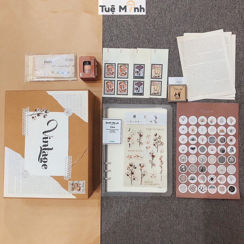 Set trang trí sổ Bullet Journal Vintage gồm binder sổ còng Klong, washi tape, sticker, hộp kraft quà tặng
