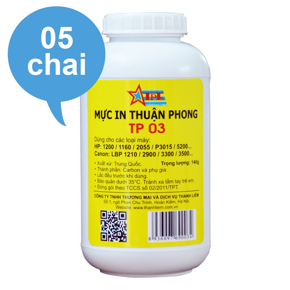 (Bộ 5 chai) Mực đổ Thuận Phong TP03 dùng cho máy in HP / Canon (140g)