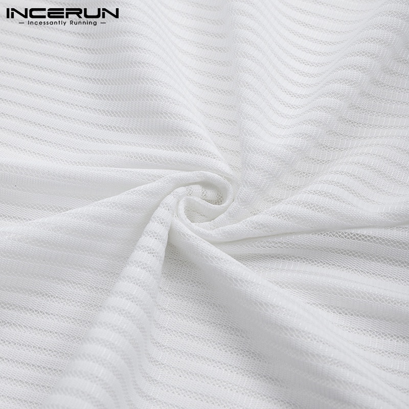 Áo Thun INCERUN Dành Cho Nam Thiết Kế Cổ Tròn Họa Tiết Kẻ Sọc Tay Dài Màu Trắng/ Đen