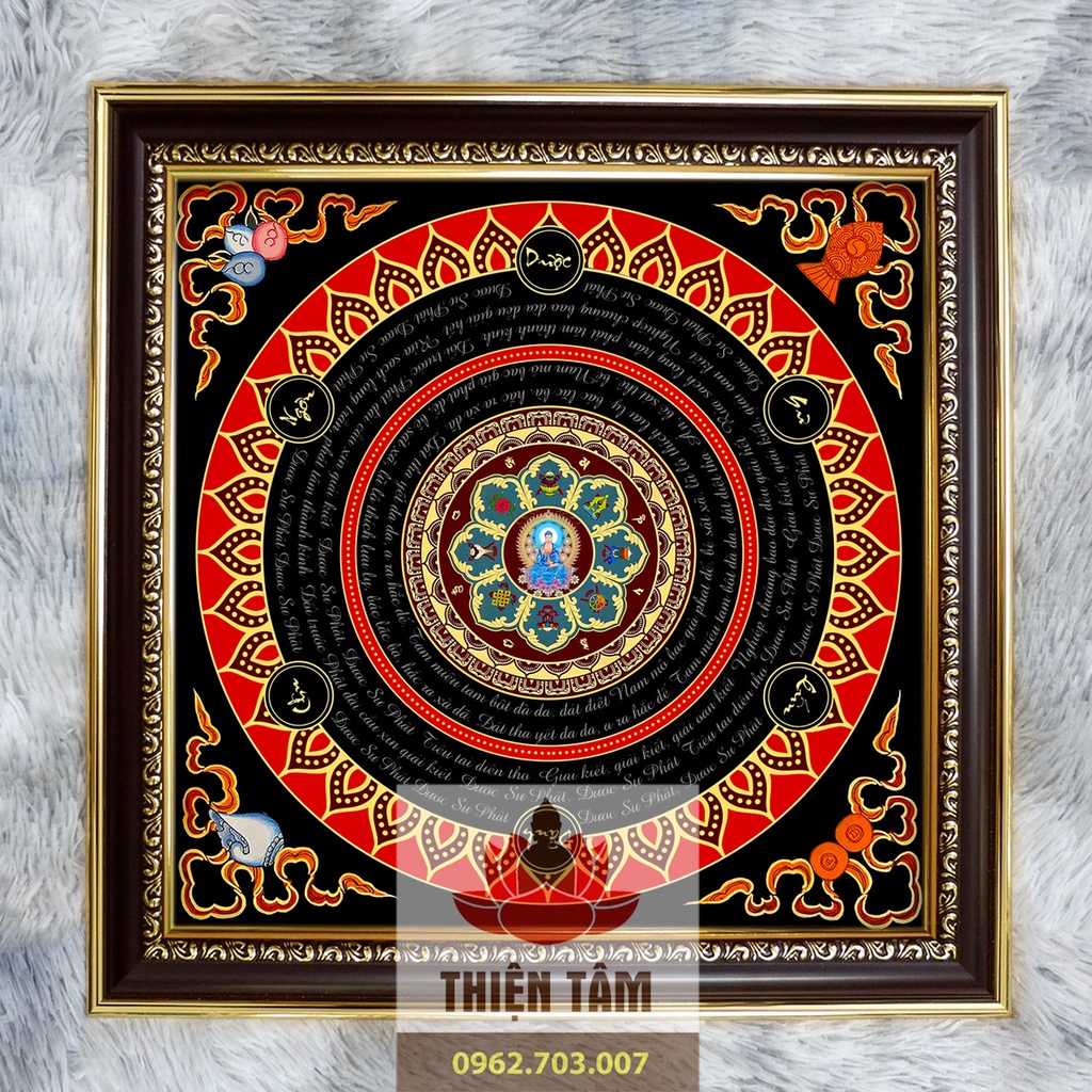 Tranh Chú Dược Sư  Mandala 36x36cm bằng vải phủ bóng, khung composite xịn xò