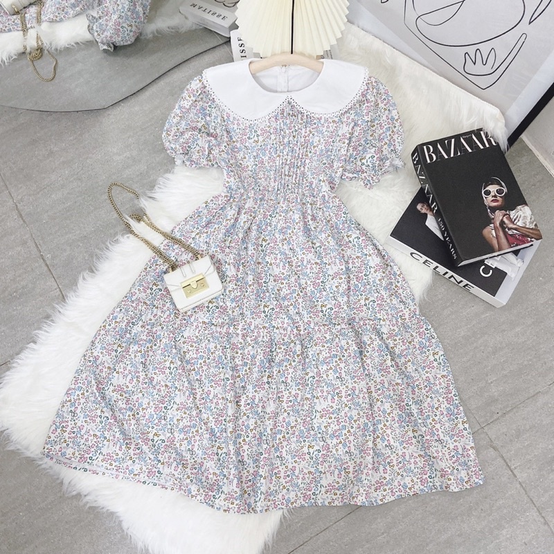 ĐẦM BBD HOA CỔ SEN TRẮNG NGỰC XẾP LY