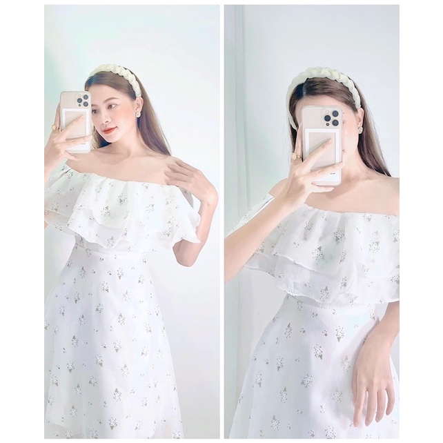 Đầm hoa trắng trễ vai (có bigsize)
