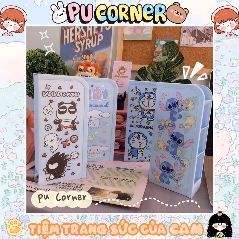 Kệ đựng bút 5 ngăn in hình cute màu xanh Doraemon , Stitch , Cinnamoroll