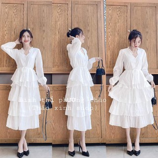 váy trắng dự tiệc tầng tiểu thư thắt nơ eo