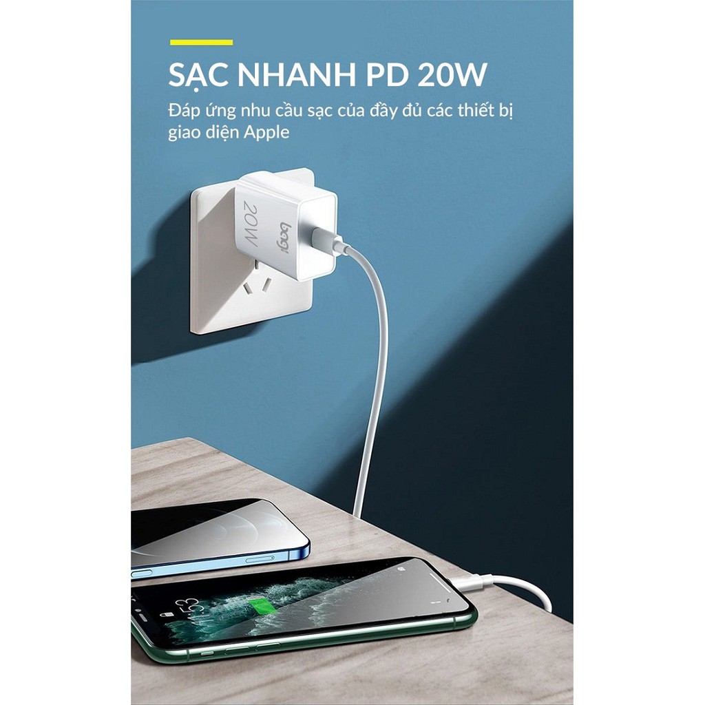 Combo sạc nhanh chính hãng BAGI cho iphone củ sạc 20W CB-PD20i dây Type c to Lightning Bảo hành 1 ĐỔI 1 trong 12 tháng