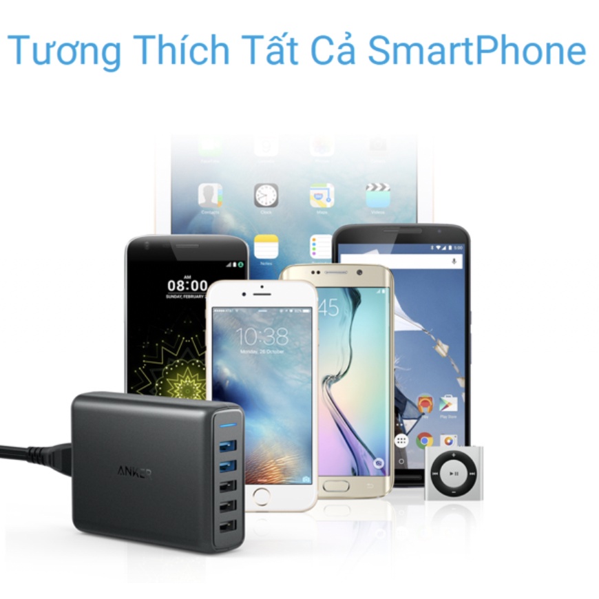 Trạm sạc Anker 5 cổng A2054 63W sạc nhanh QC 3.0 cho ip/tablet táo, android, Powerport Speed 5