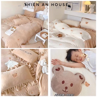 Bộ chăn ga gối nỉ nhung sữa thêu gấu teddy cao cấp tặng kèm 1 gối trang trí hình gấu