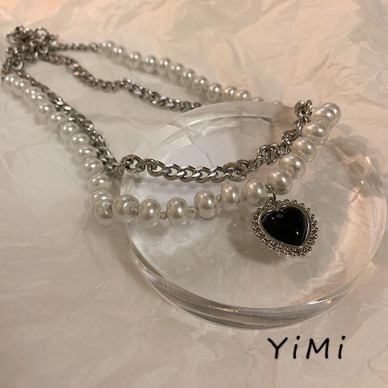Thời trang Hàn Quốc Vòng cổ ngọc trai tim đen hai lớp Hip Hop