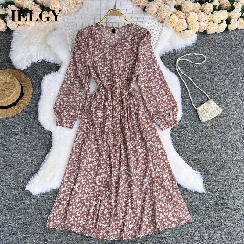 Đầm IELGY cổ chữ V thiết kế bo eo họa tiết hoa phong cách Pháp retro