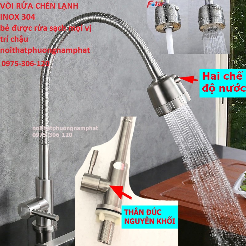 [BẺ ĐƯỢC MỌI VỊ TRÍ] Vòi rửa chén bát LẠNH inox 304 cần bẻ lò xo quay 360độ sử dụng cho 2 chậu N5009 Fotar