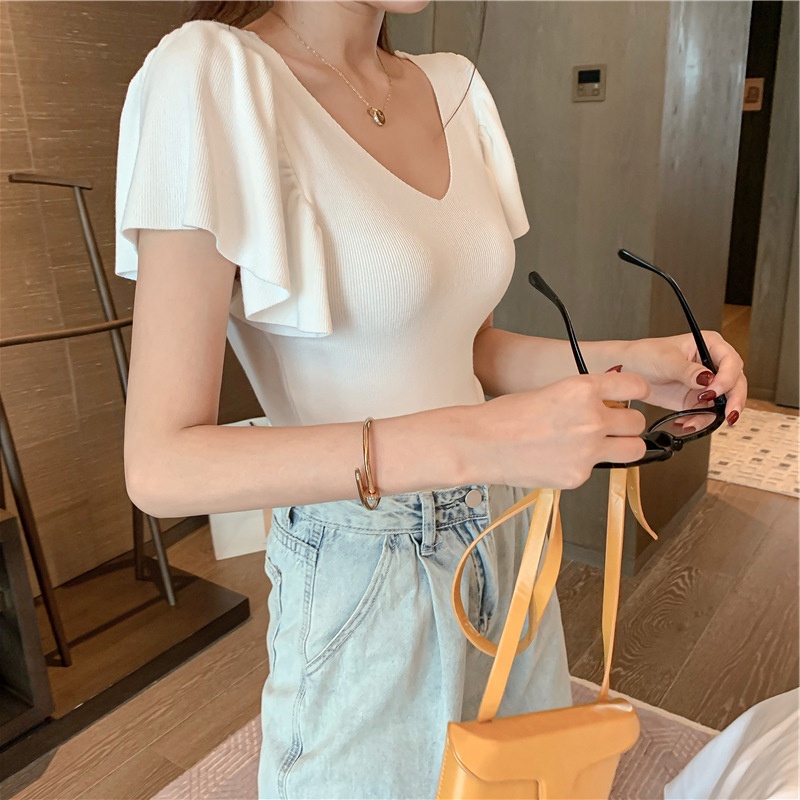 Áo Thun Dệt Kim Tay Ngắn Cổ Chữ v Thời Trang Dành Cho Nữ