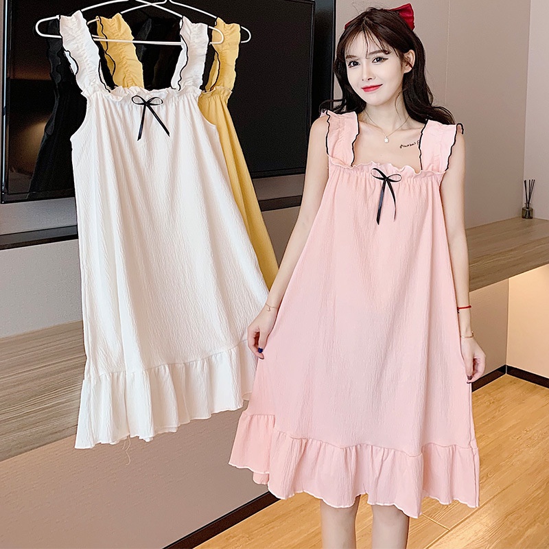 Đầm Ngủ Cotton Hai Dây  Ngực Màu Trơn Thời Trang Mùa Hè Hàn Quốc Dễ Thương