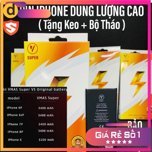 Pin iPhone dung lượng cao cho iPhone 6p,6sp,7p,8p,X, Pin dành cho Gamer thương hiệu Vmas, Bảo hành 18 Tháng