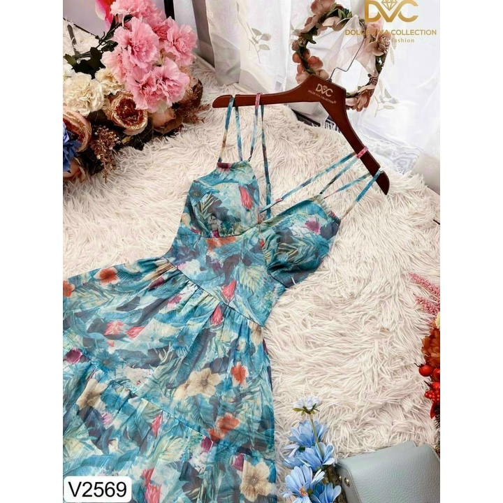 Đầm hoa đi biển dáng dài nhiều dây (kèm mút ngực) voan xếp tầng quyến rũ