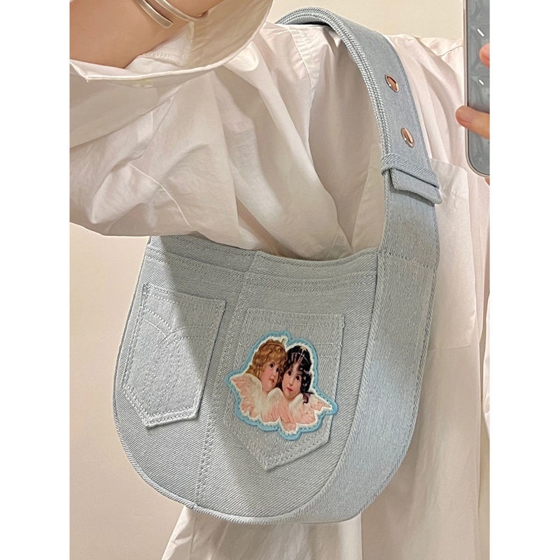 Túi Xách Tote Vải Denim Thêu Họa Tiết Thiên Thần Ý Niche Thời Trang Cho Nữ