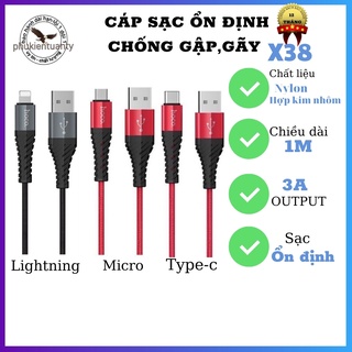Dây sạc nhanh hoco x38 sạc 2.4a, iphone,micro,type-c, dây bọc dù chống đứt - chính hãng hoco