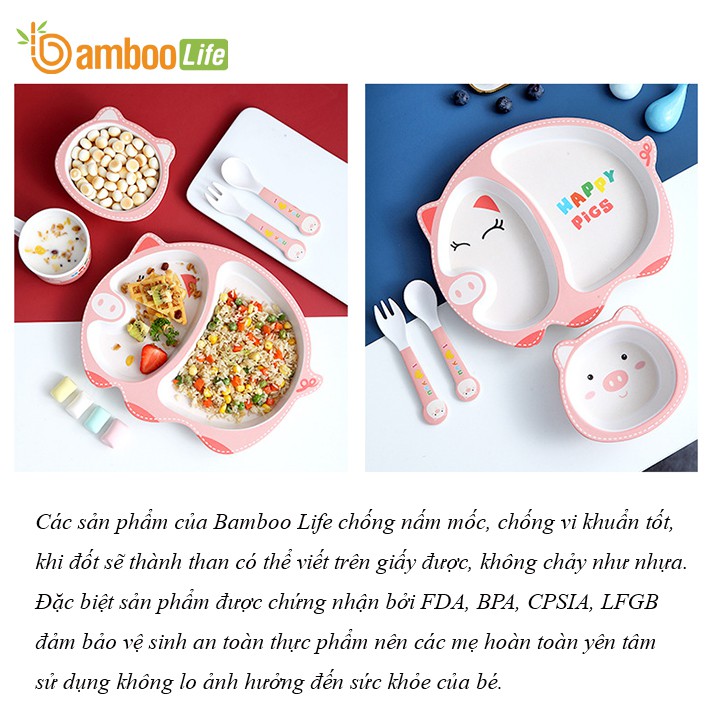 Khay ăn dặm sợi tre Bamboo Life BL031 cao cấp 5 món gồm thìa, dĩa, khay, bát, cốc hình thú cute