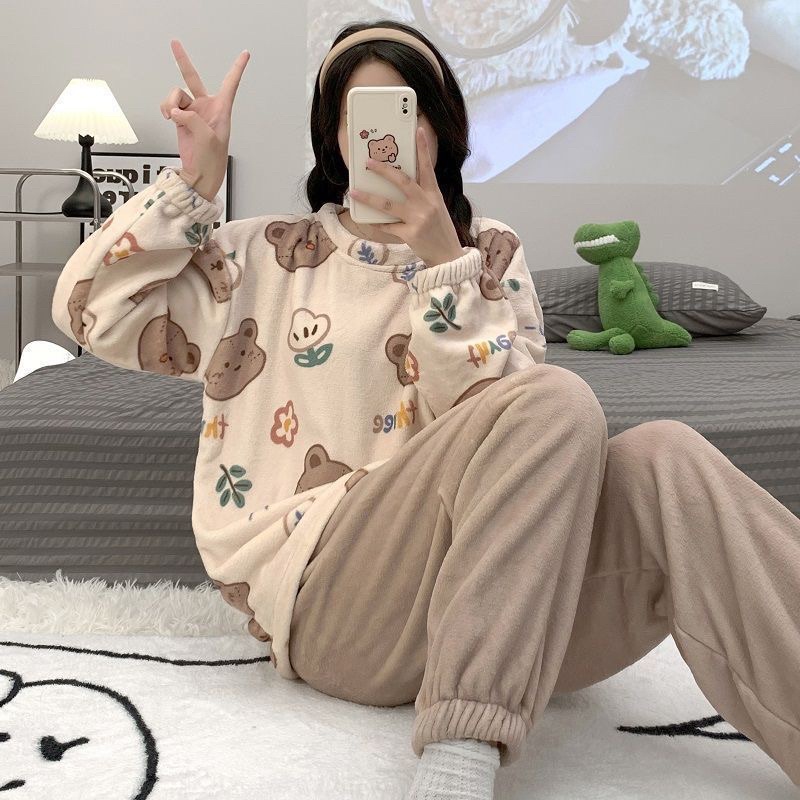 Bộ ngủ lông đáng yêu siêu nhẹ giữ nhiệt, bộ ngủ lông cừu hình gấu cute chất liệu mềm mịn dễ chịu