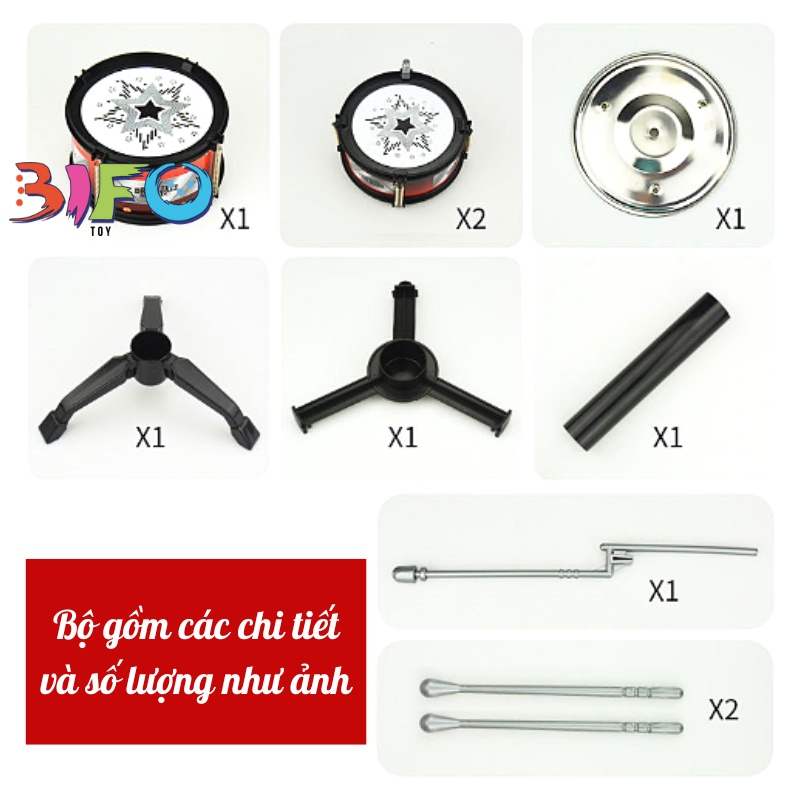 Bộ đồ chơi nhạc cụ trống Jazz Drum 3 trống kèm giá đỡ, đàn guitar retro giả gỗ căng dây đàn điều chỉnh đồ chơi âm nhạc