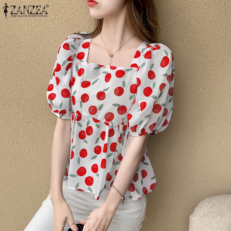 ZANZEA Áo Sơ Mi Tay Ngắn Phồng Cổ Vuông In Họa Tiết Trái Cây Thời Trang Phong Cách Hàn Quốc Cho