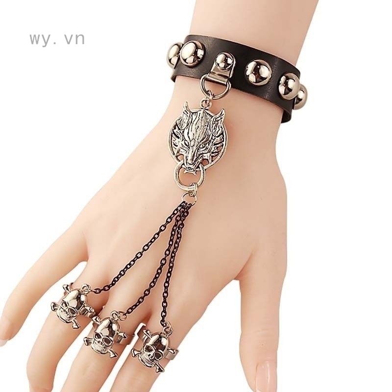 Vòng tay giả da thiết kế đầu sói cá tính cho nữ