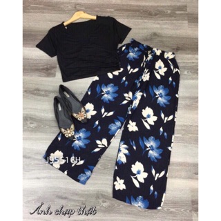 Set áo đắp chéo quần hoa