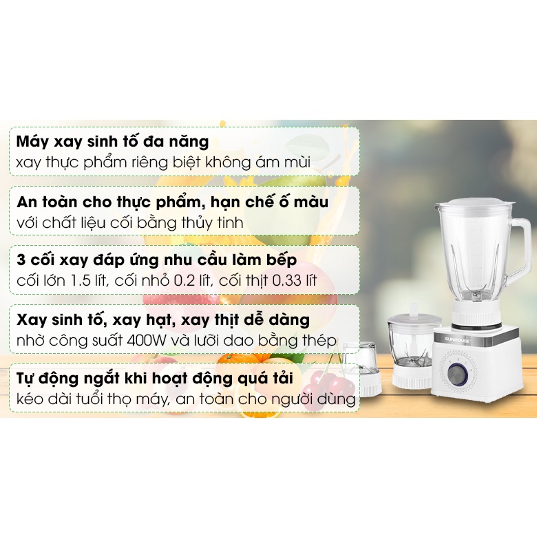 Máy xay sinh tố đa năng Sunhouse SHD5582W Hàng Trưng bày-  chất liệu cối xay bằng thủy tinh sáng đẹp,dễ vệ sinh