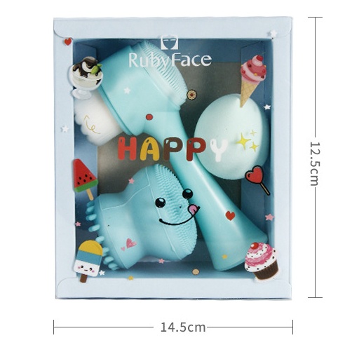 Bộ 3 món cọ rửa mặt silicon bàn chải làm sạch da mặt và bông mút trang điểm siêu mềm RubyFace kèm hộp đựng dễ thương
