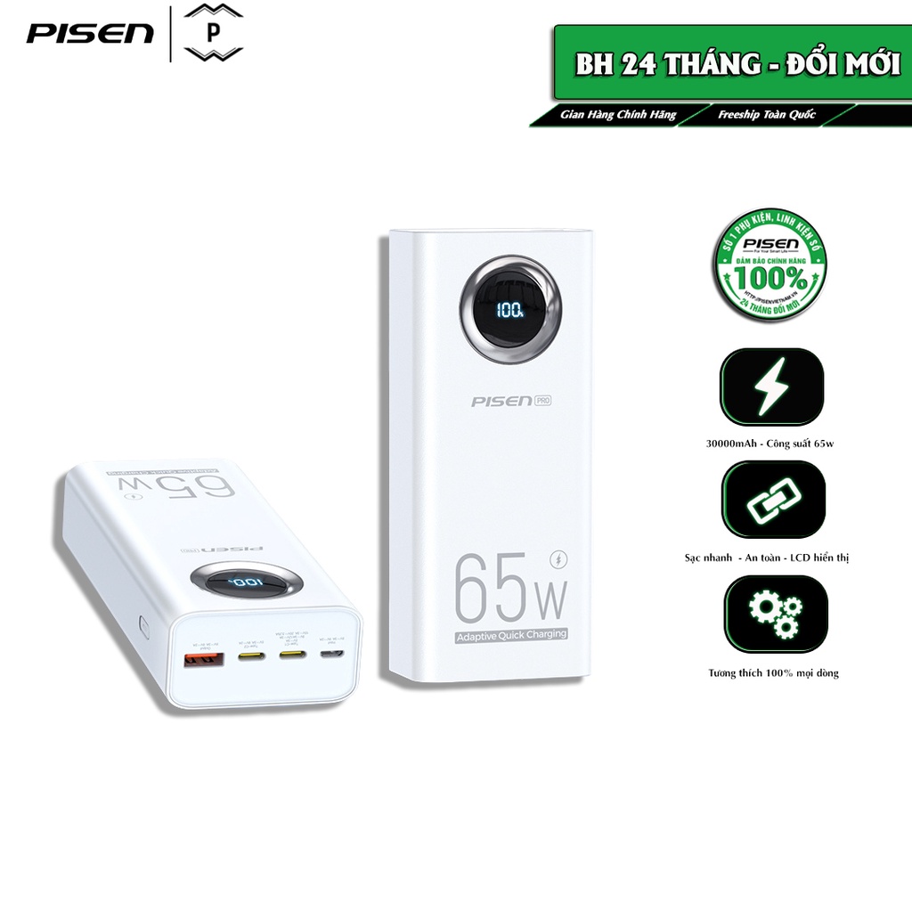 Sạc dự phòng PISEN PRO Digital PD65-3 30000mAh công suất sạc tối đa 65W, sạc cho laptop và các thiết bị khác
