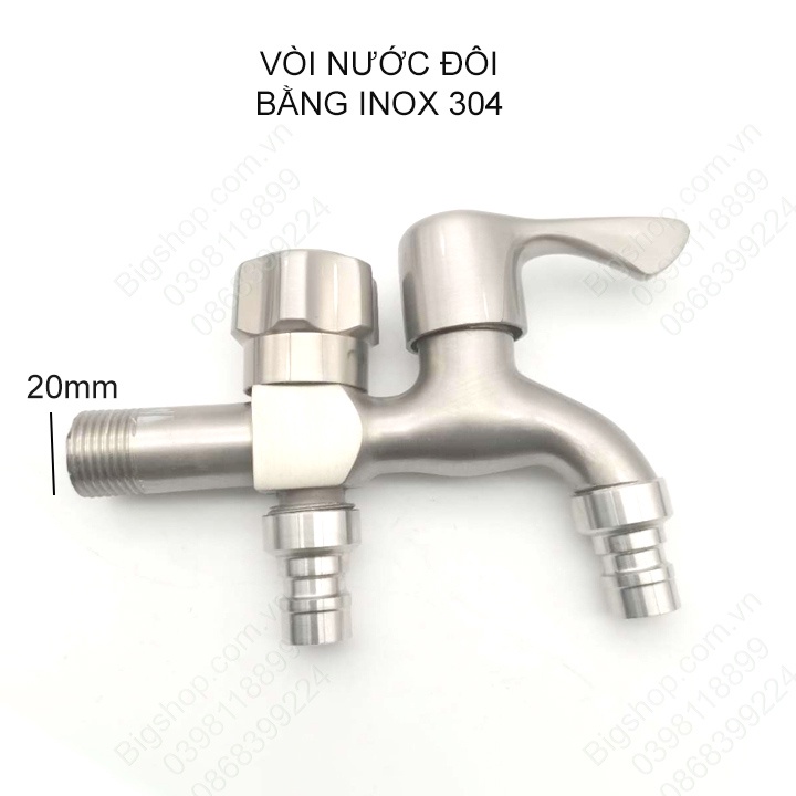 Vòi nước đôi bằng inox 304 gắn tường, 01 đầu vào DN15 lắp cho ống D21mm và 2 đầu ra