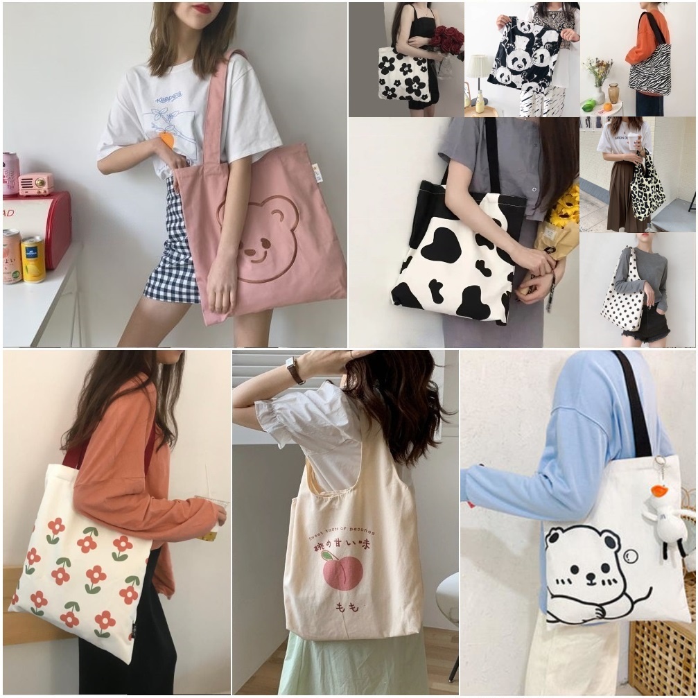 Túi Xách Canvas Cỡ Lớn Họa Tiết Gấu Hoạt Hình Dễ Thương