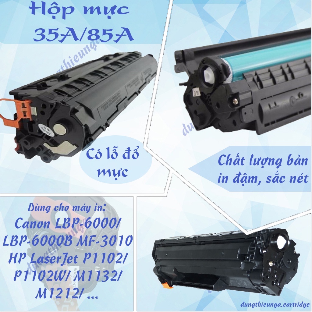 Hộp mực 35a/85a lỗ đổ mực và lỗ đổ thải dùng cho máy P1102,P1102w,M1212NF,M1132 và LBP-3018/3010