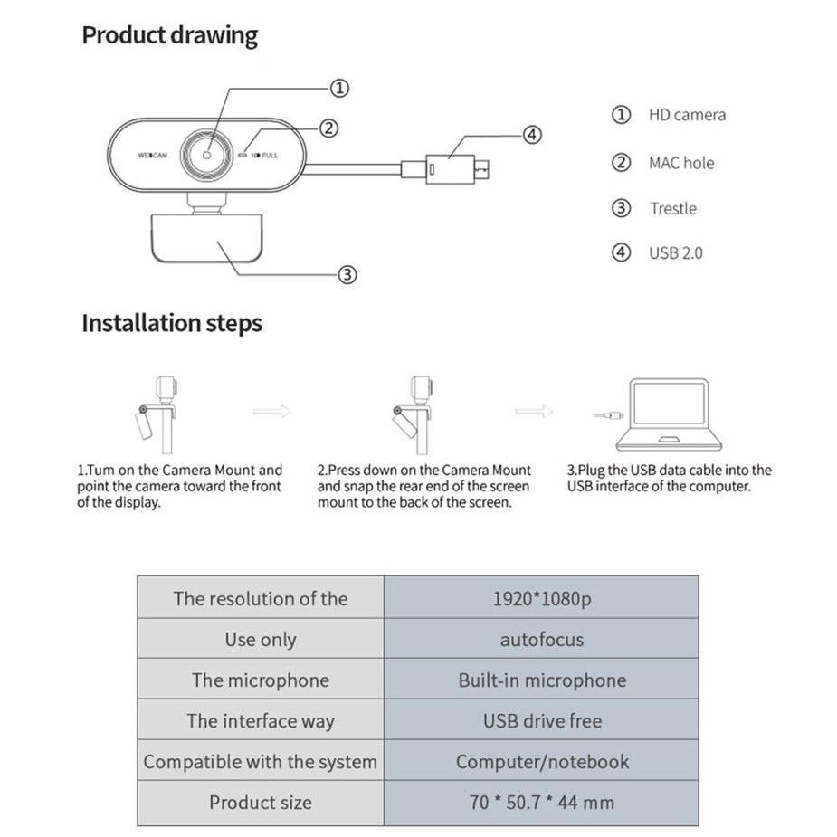 Webcam 1080p Pc Mini Usb 2.0 Có Mic Cho Máy Tính