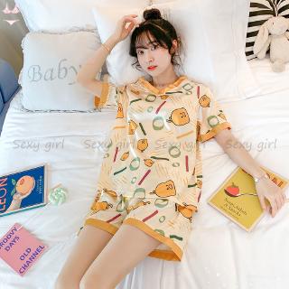 Bộ đồ ngủ vải lụa ngắn tay dễ thương cho nữ mặc mùa hè