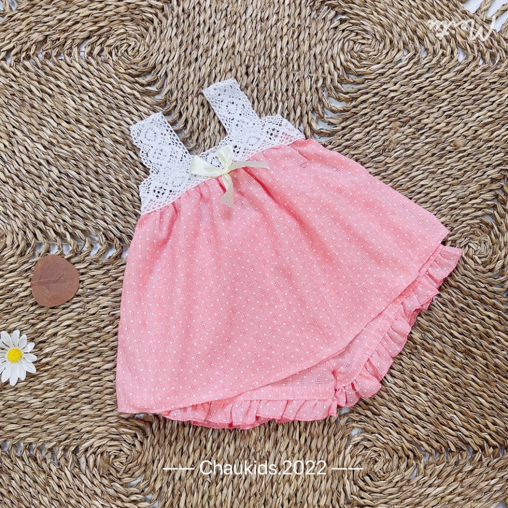 Bộ 2 dây bé gái chất thô mềm mịn, Bộ chấm bi dây ren trắng bé gái