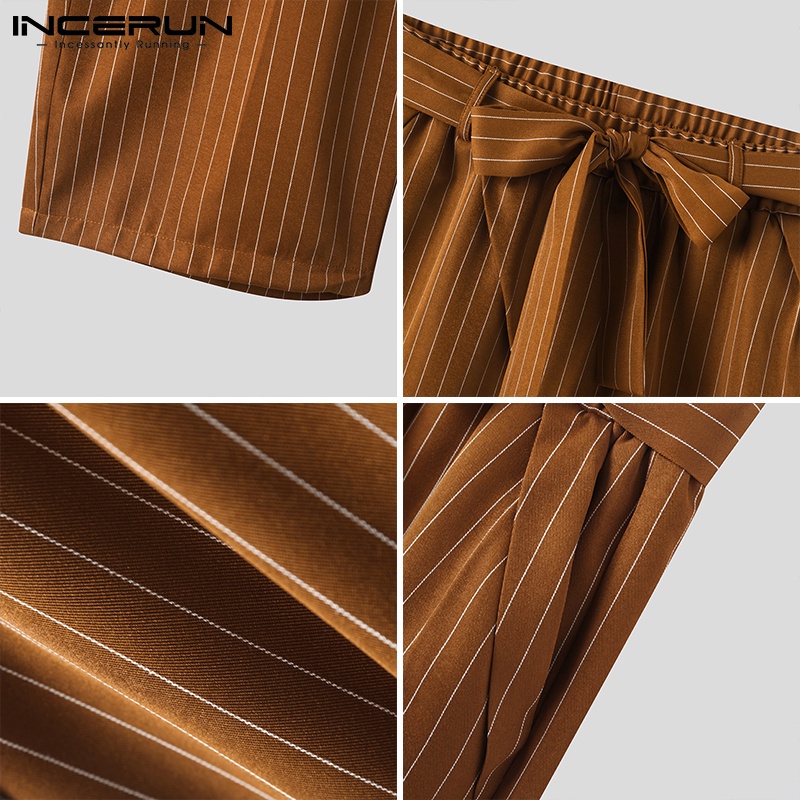 Quần INCERUN dáng rộng phối dây đai thiết kế kẻ sọc phong cách Hàn Quốc thời trang cho nam