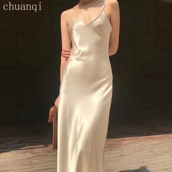 Đầm maxi hai dây dáng dài vải satin màu trơn thanh lịch gợi cảm hàng mới dành cho bạn nữ mặc đi dự tiệc