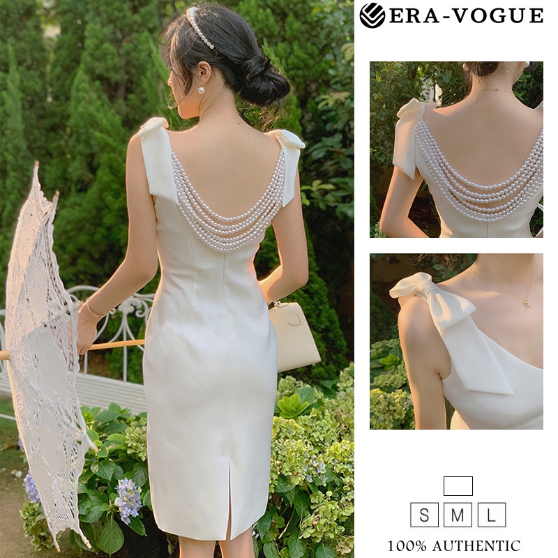 EraVogue🌷Đầm Dây Ôm Dáng Đính Nơ Ngọc Trai Màu Trắng Phong Cách Việt Nam 9190