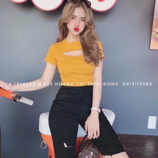 Áo thun croptop nữ kiểu khoét ngực tay ngắn sexy | CR09