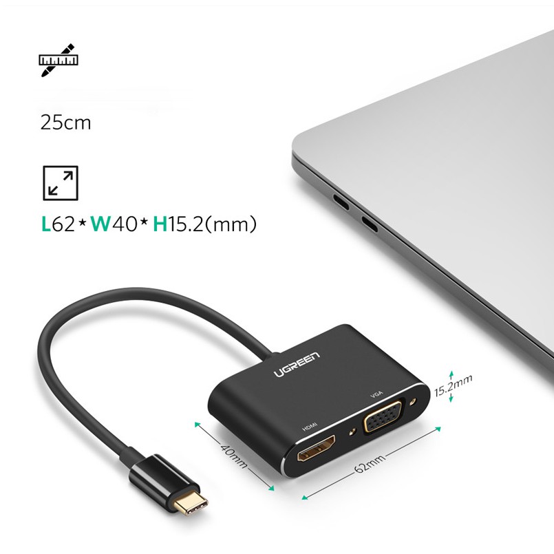 Bộ chuyển đổi USB type C sang HDMI + VGA vỏ nhôm dài 10cm UGREEN CM162