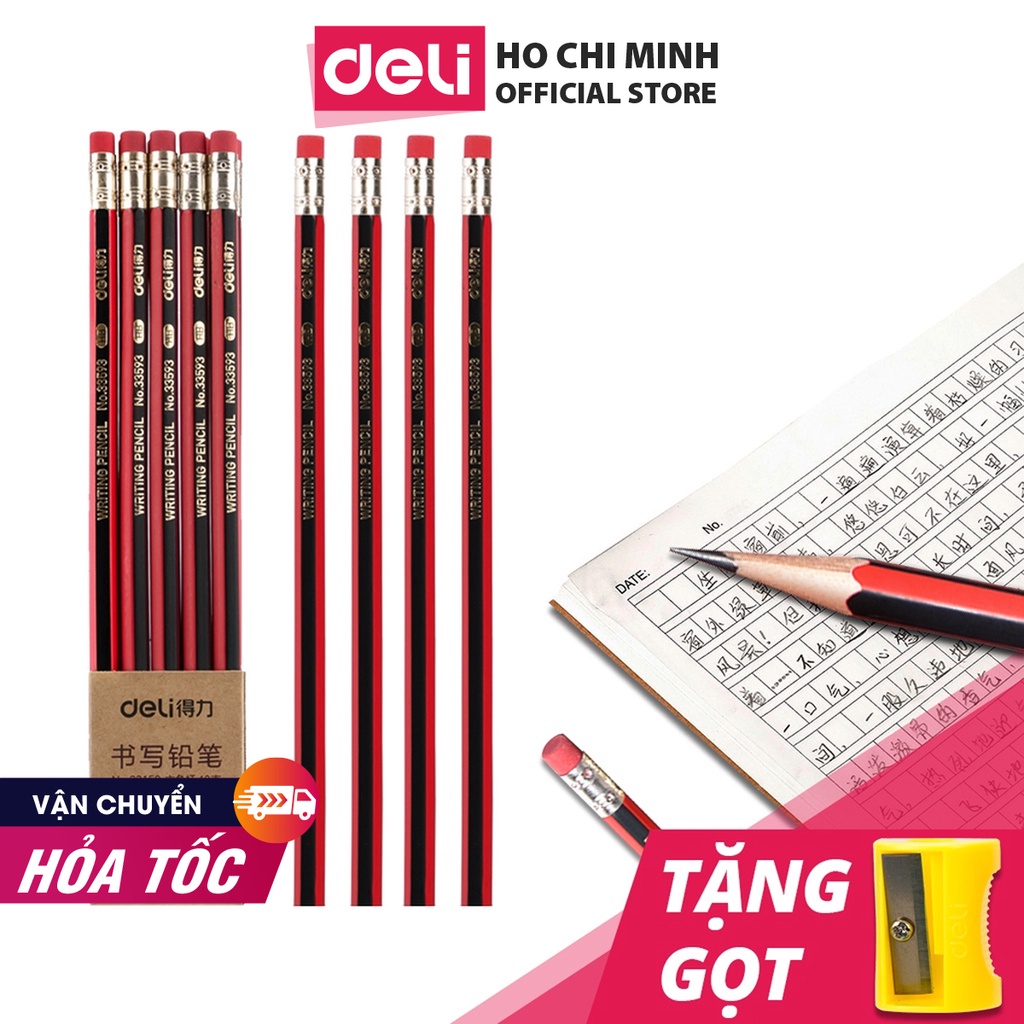 Bút chì lục giác có tẩy Deli bút chì gỗ loại 2B/HB - 10 chiếc/hộp - Phù hợp cho học sinh tập viết 33158 / 33159