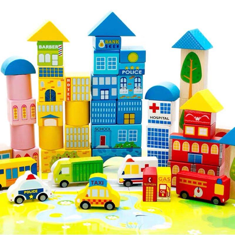 Bộ đồ chơi xếp hình khối gỗ 62 chi tiết, 100 chi tiết gỗ in hình xếp mô hình thành phố có hộp cho bé thỏa sức sáng tạo