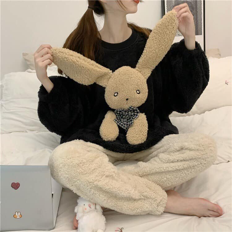 Bộ ngủ lông thỏ kute tay bồng phom rộng trẻ trung xinh xắn/ Set áo sweater lông cừu phối quần dài ống rộng 3107.STORE | BigBuy360 - bigbuy360.vn