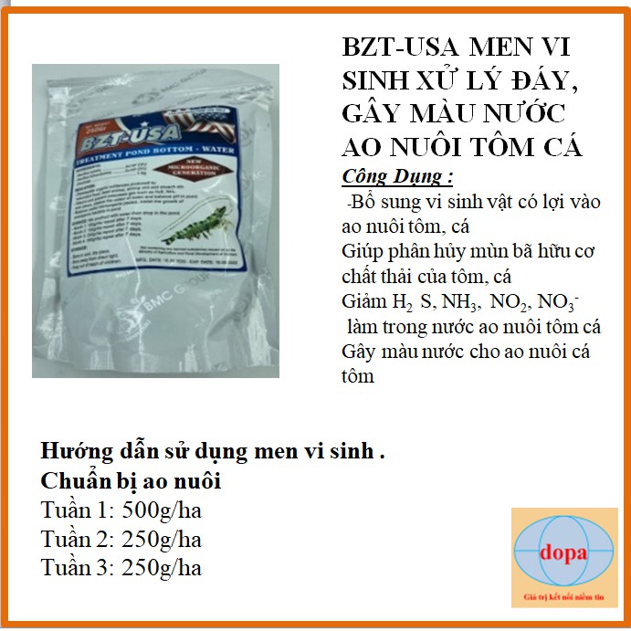 BZT-USA DOPA  MEN VI SINH XỬ LÝ ĐÁY, GÂY MÀU NƯỚC AO NUÔI TÔM CÁ DOPA.COM.VN