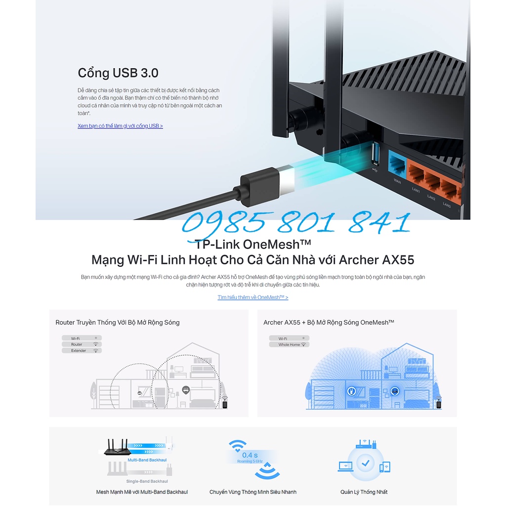 Router Wifi TP-Link Archer AX55 Chuẩn Wi-Fi 6 AX3000 băng tần kép. Hàng chính hãng