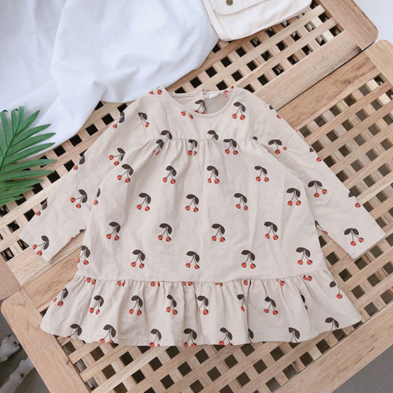 Đầm công chúa tay dài in họa tiết quả cherry đáng yêu thời trang dành cho bé gái